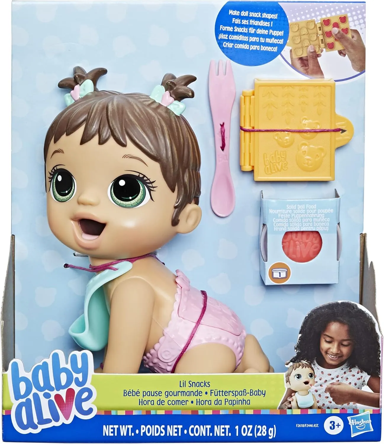 Alive Lil Snacks Doll, Eats and damage canvas Poops, Snack-Themed 8-Inch Baby Doll, Snack Box Mold, Toy for Kids Ages 3 and Up, Brown Hair Baby 