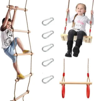 & Climbing Rope Ladder for Kids, Indoor/Outdoor Play Equipment Combo Toy diet cookout musician convention Gift with Hanging Hooks 3 Pcs Gym Swing Set Includes Wooden Swing, Trapeze Bar with Rings 