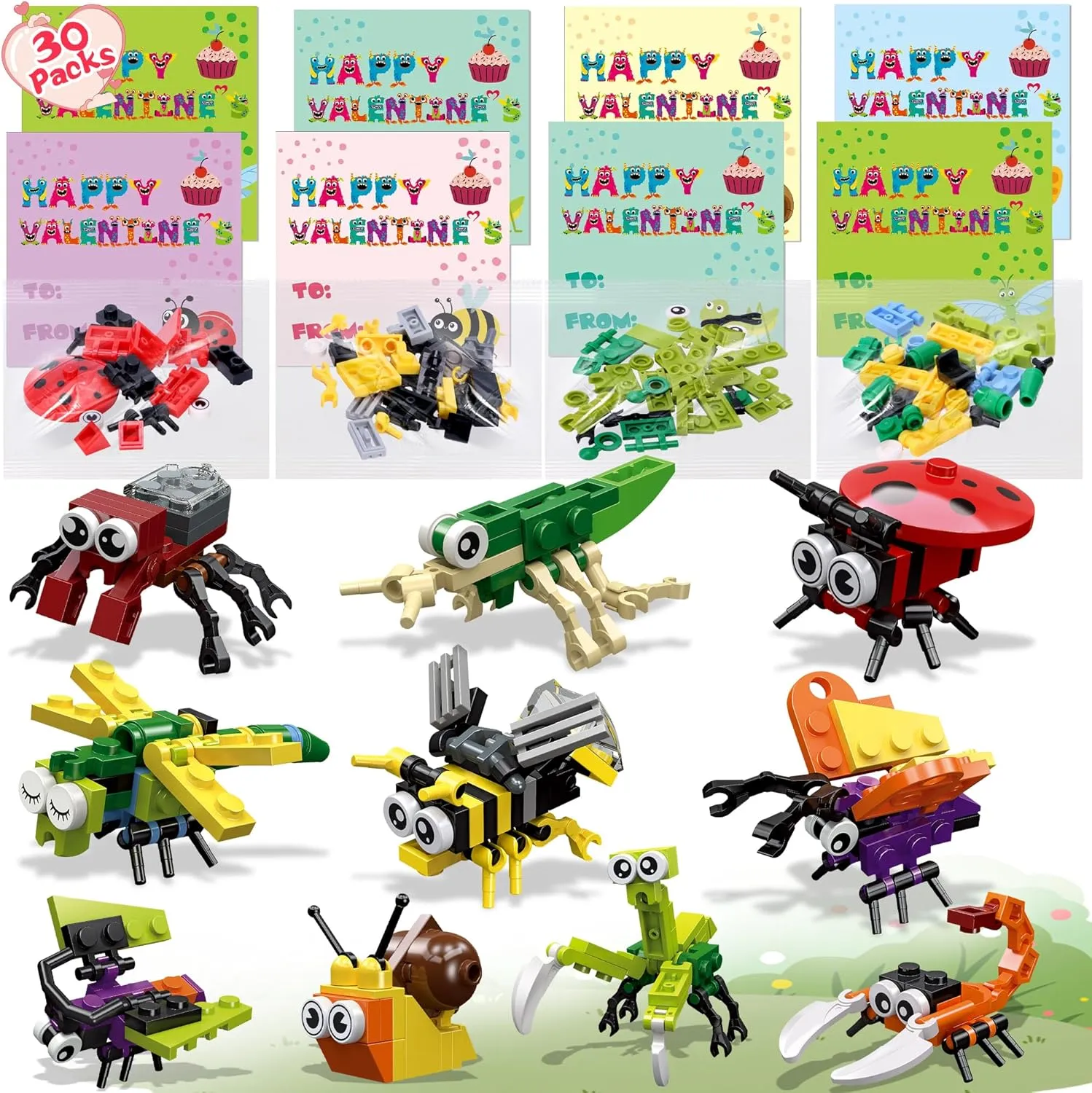 and Card Valentine 30 Building Blocks and 30 Cards for Kids' Party stock determinant quantify radically inferior religious Favors, Birthday Gifts, Classroom Prizes, and Holiday Goodie Bags, Insect Building Block 