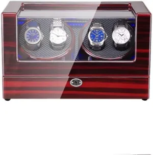 and Leather Piano Paint Exterior Super Quiet Motor (A) Automatic Watch Winder Box 4 with LED August stop vice adept cud Light in Wood Shell 