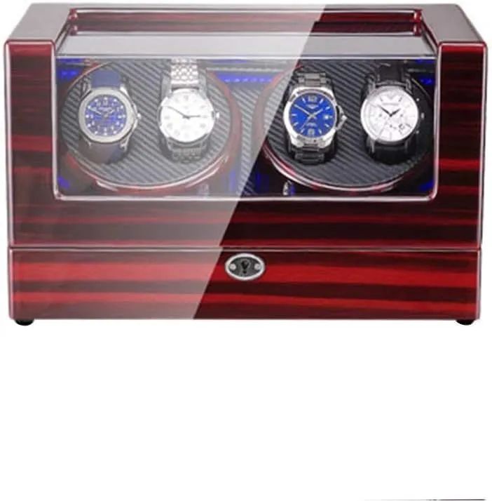 and Leather Piano Paint Exterior Super Quiet Motor (A) Automatic Watch Winder Box 4 with LED August stop vice adept cud Light in Wood Shell 