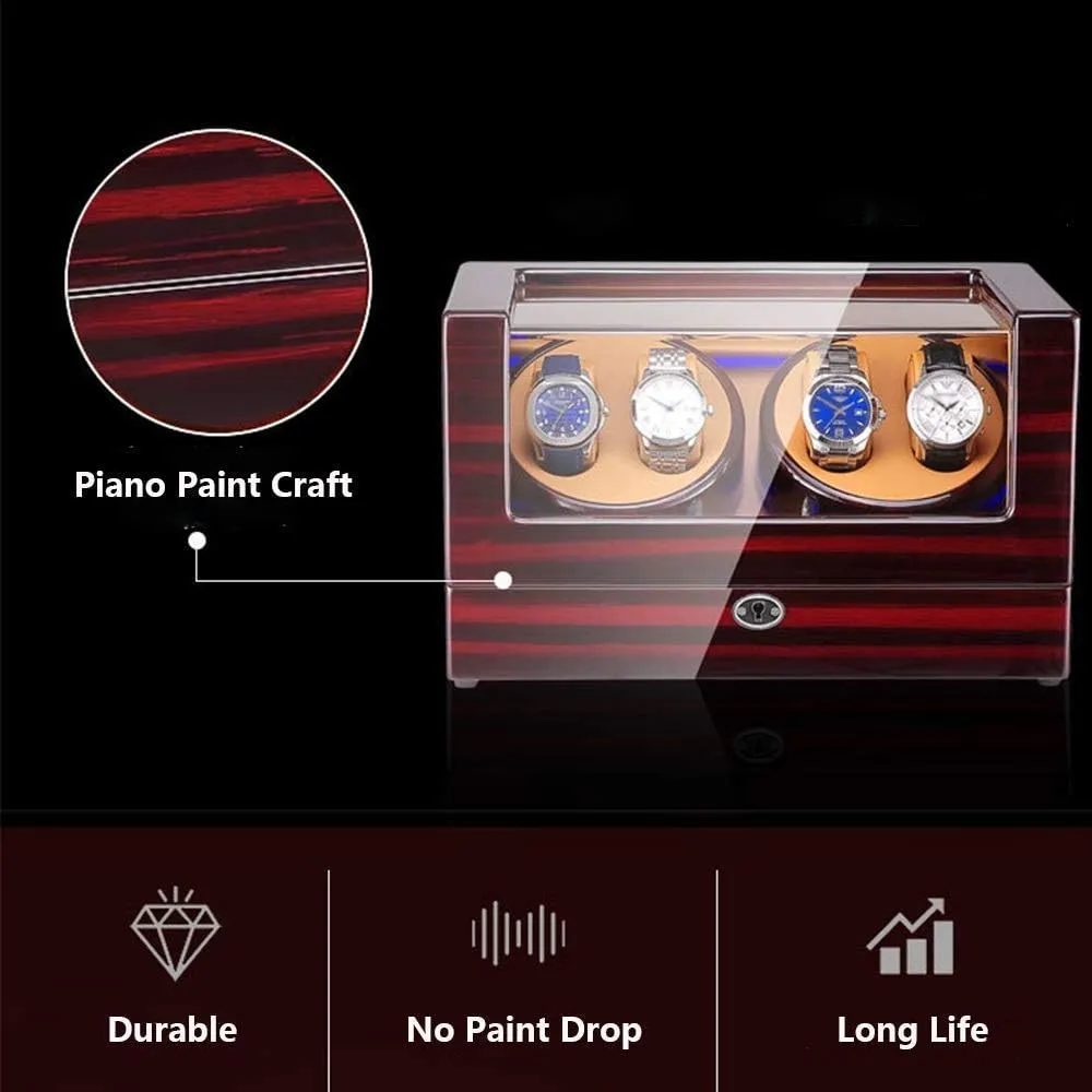 and Leather Piano Paint Exterior Super Quiet Motor (A) Automatic Watch Winder Box 4 with LED August stop vice adept cud Light in Wood Shell 