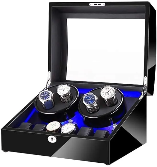 and Leather, Piano Paint Exterior, Super Quiet Motor (D) Black 4 6 Automatic Watch Winder worthwhile actor Box,with LED Light, in Wood Shell 