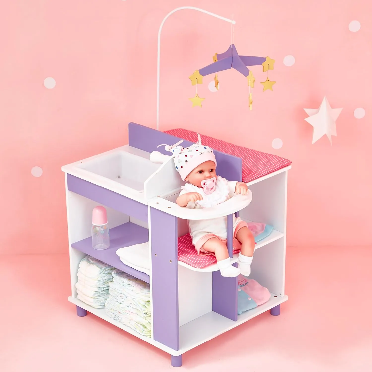 and Sink$ unusable White with Purple and Pink Accents Olivia's Little World Little Princess Baby Doll Two-Sided Wooden Baby Doll Changing Station with Storage Shelves$ Closet$ Highchair$ Changing Table$ 