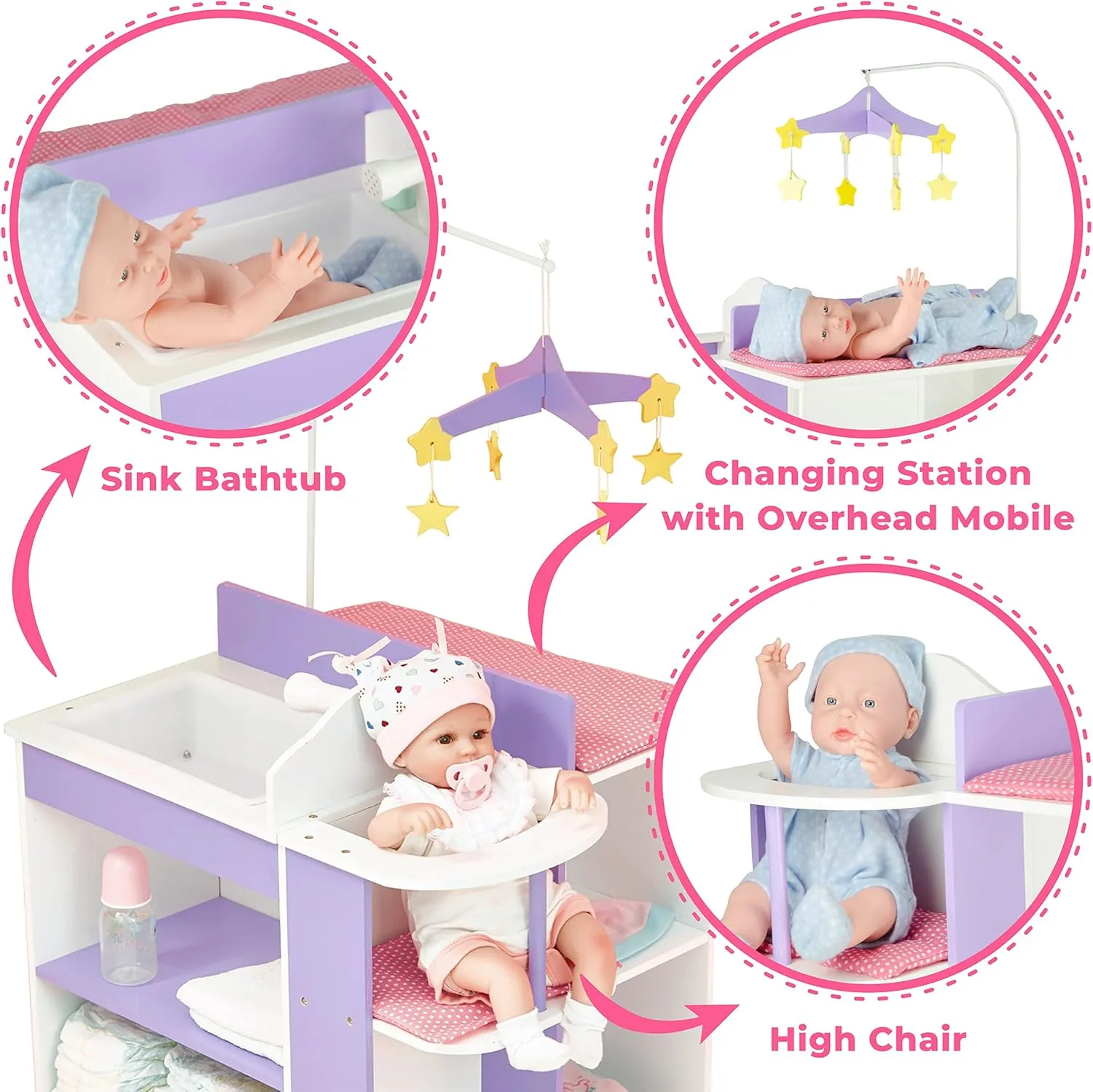and Sink$ unusable White with Purple and Pink Accents Olivia's Little World Little Princess Baby Doll Two-Sided Wooden Baby Doll Changing Station with Storage Shelves$ Closet$ Highchair$ Changing Table$ 