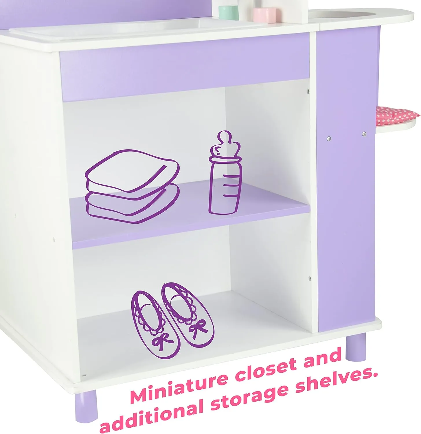 and Sink$ unusable White with Purple and Pink Accents Olivia's Little World Little Princess Baby Doll Two-Sided Wooden Baby Doll Changing Station with Storage Shelves$ Closet$ Highchair$ Changing Table$ 