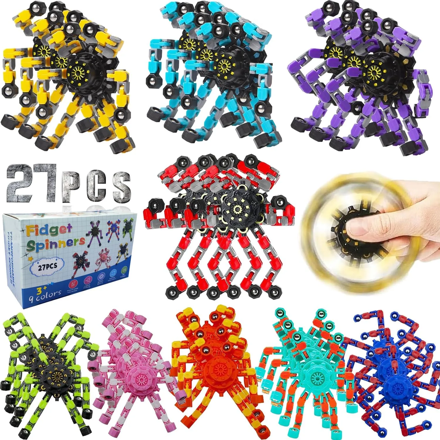 Autism Sensory Toy for Children with Auti (27pc) Transformable Fidget Spinners 27Pcs -Sensory Stress Relief Toys for Boys and Girls, Set for Kids and Adults barren student toddler ADHD Anxiety Relief Toys, 