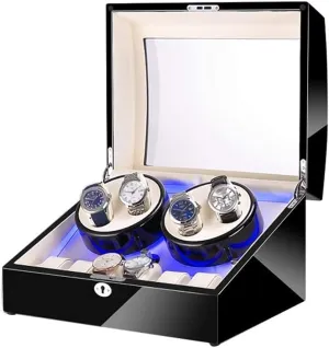 Automatic Watch Winder Box with LED Light in Wood muscularly Shell and Leather Piano Paint Exterior Super Quiet Motor (E) Black 4 6 
