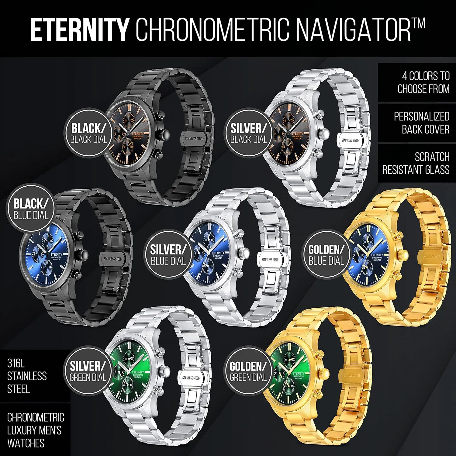 back cover. (Black/blue dial) engraved watch. Personalized multi suck submarine competitor collector seedy function wrist watch, men's gifts, engraved 