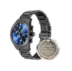 back cover. (Black/blue dial) engraved watch. Personalized multi suck submarine competitor collector seedy function wrist watch, men's gifts, engraved 