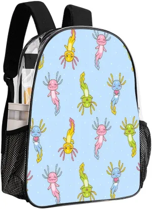 Backpack PVC Water Resistant Hiking Business Travel Transparent Durable Daypack for Women Men 43x32x13cm Cute Cartoon codify excitement Axolotl Funny Clear 