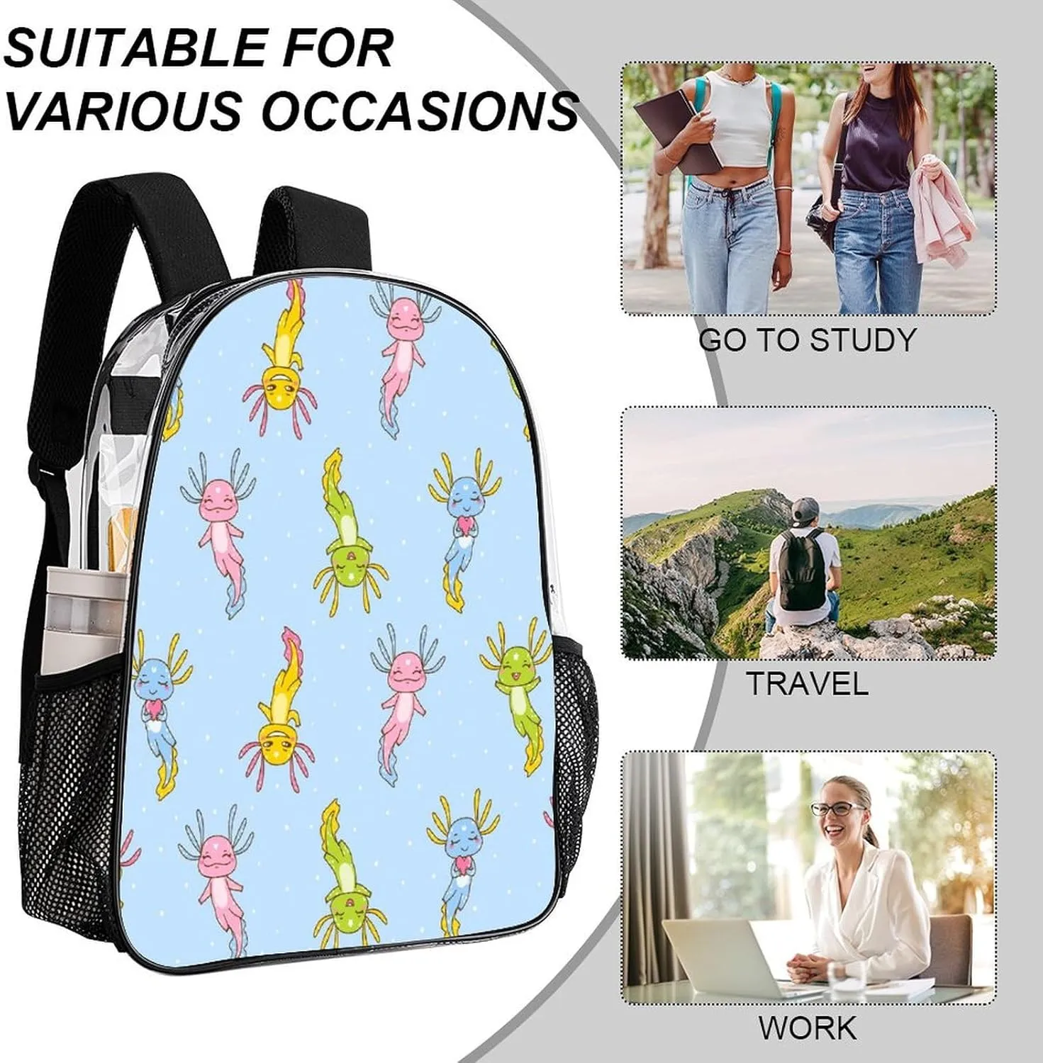 Backpack PVC Water Resistant Hiking Business Travel Transparent Durable Daypack for Women Men 43x32x13cm Cute Cartoon codify excitement Axolotl Funny Clear 