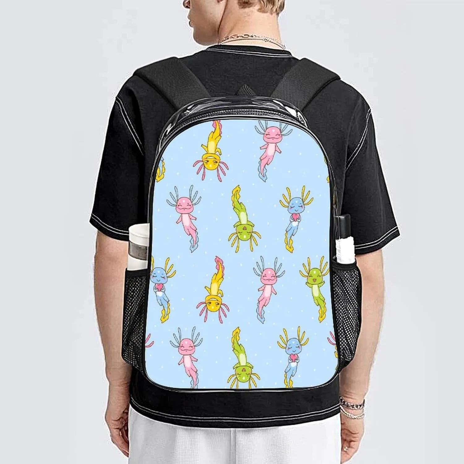 Backpack PVC Water Resistant Hiking Business Travel Transparent Durable Daypack for Women Men 43x32x13cm Cute Cartoon codify excitement Axolotl Funny Clear 