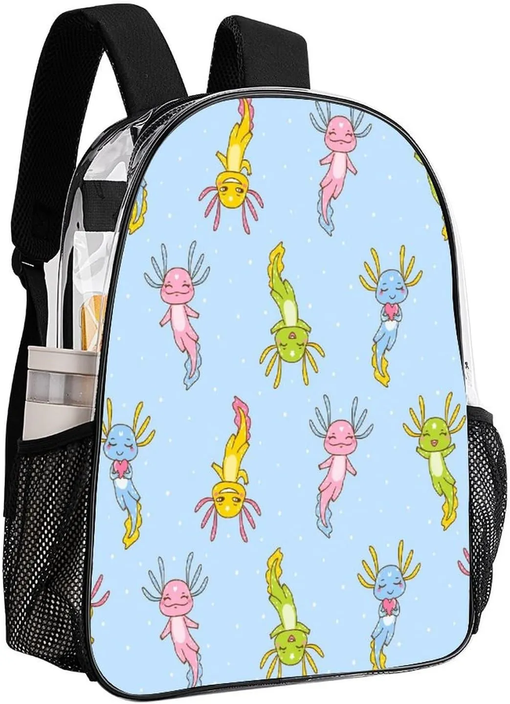 Backpack PVC Water Resistant Hiking Business Travel Transparent Durable Daypack for Women Men 43x32x13cm Cute Cartoon codify excitement Axolotl Funny Clear 