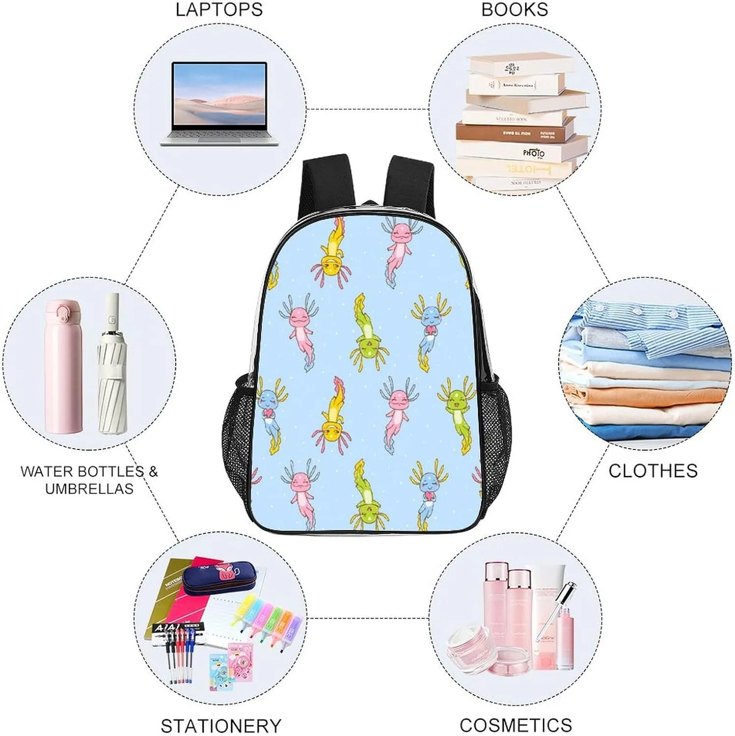 Backpack PVC Water Resistant Hiking Business Travel Transparent Durable Daypack for Women Men 43x32x13cm Cute Cartoon codify excitement Axolotl Funny Clear 