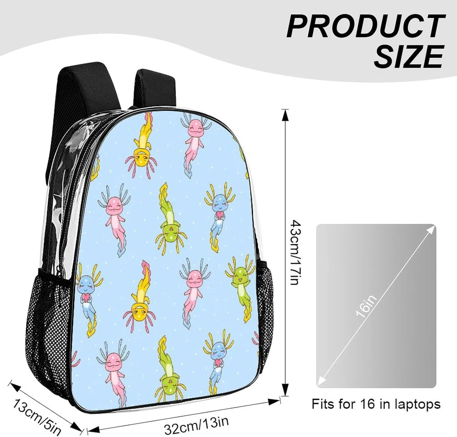 Backpack PVC Water Resistant Hiking Business Travel Transparent Durable Daypack for Women Men 43x32x13cm Cute Cartoon codify excitement Axolotl Funny Clear 