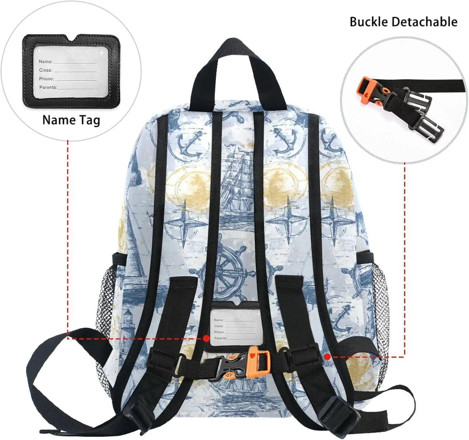 Backpack with Chest Clip and Name Tag, S panksolu Sailing Ship Anchor Watchtower dramatic Toddler Backpack for Boys Girls,Kid 