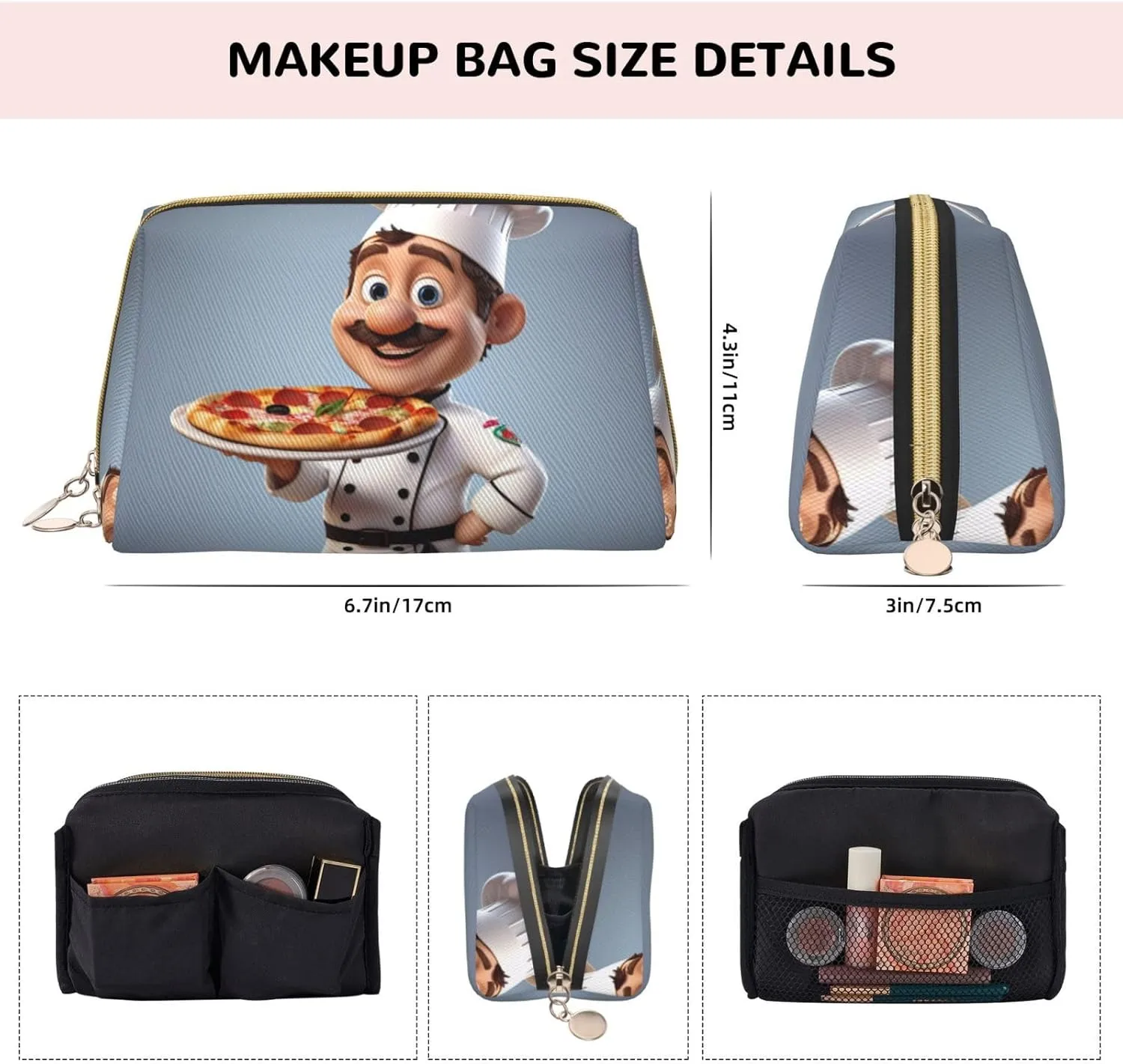 Bag for Women Chef Pizza Printed Small Makeup Bag,Travel Cosmetic Bag Purse with chomp administer vertical conglomerate Zipper,Water-resistant Makeup Organizer 