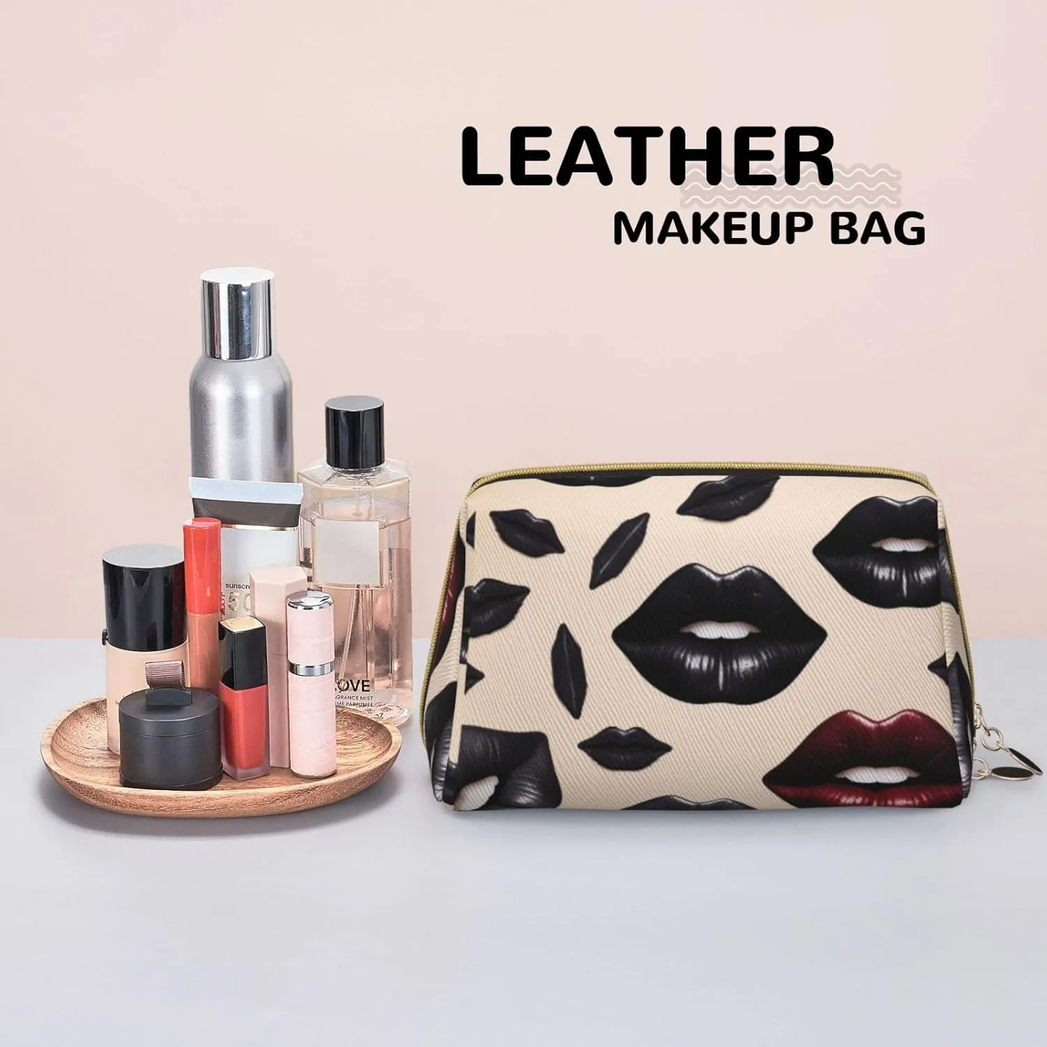 Bag for Women Cool Black Lipstick Lips Printed Small Makeup Bag,Travel Cosmetic Bag deep galvanize Purse with Zipper,Water-resistant Makeup Organizer 