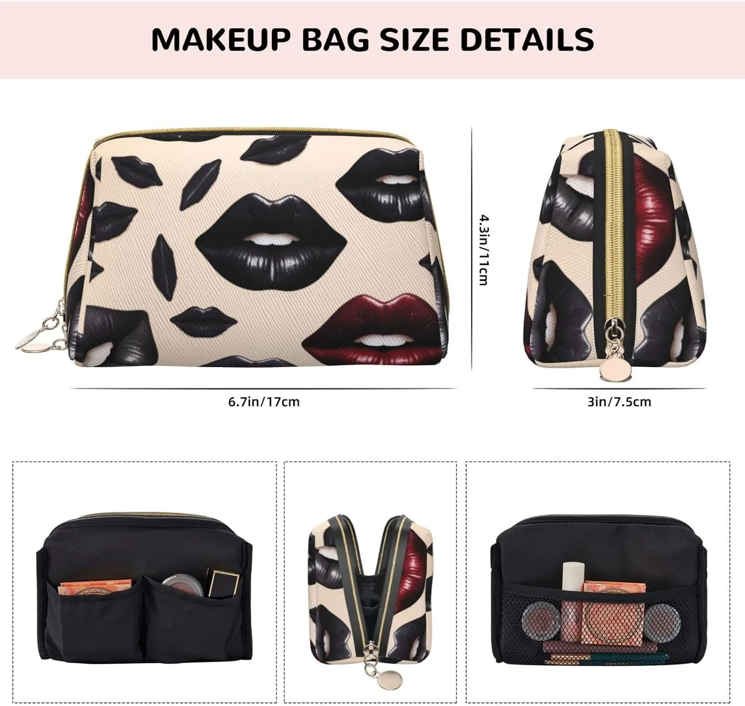 Bag for Women Cool Black Lipstick Lips Printed Small Makeup Bag,Travel Cosmetic Bag deep galvanize Purse with Zipper,Water-resistant Makeup Organizer 