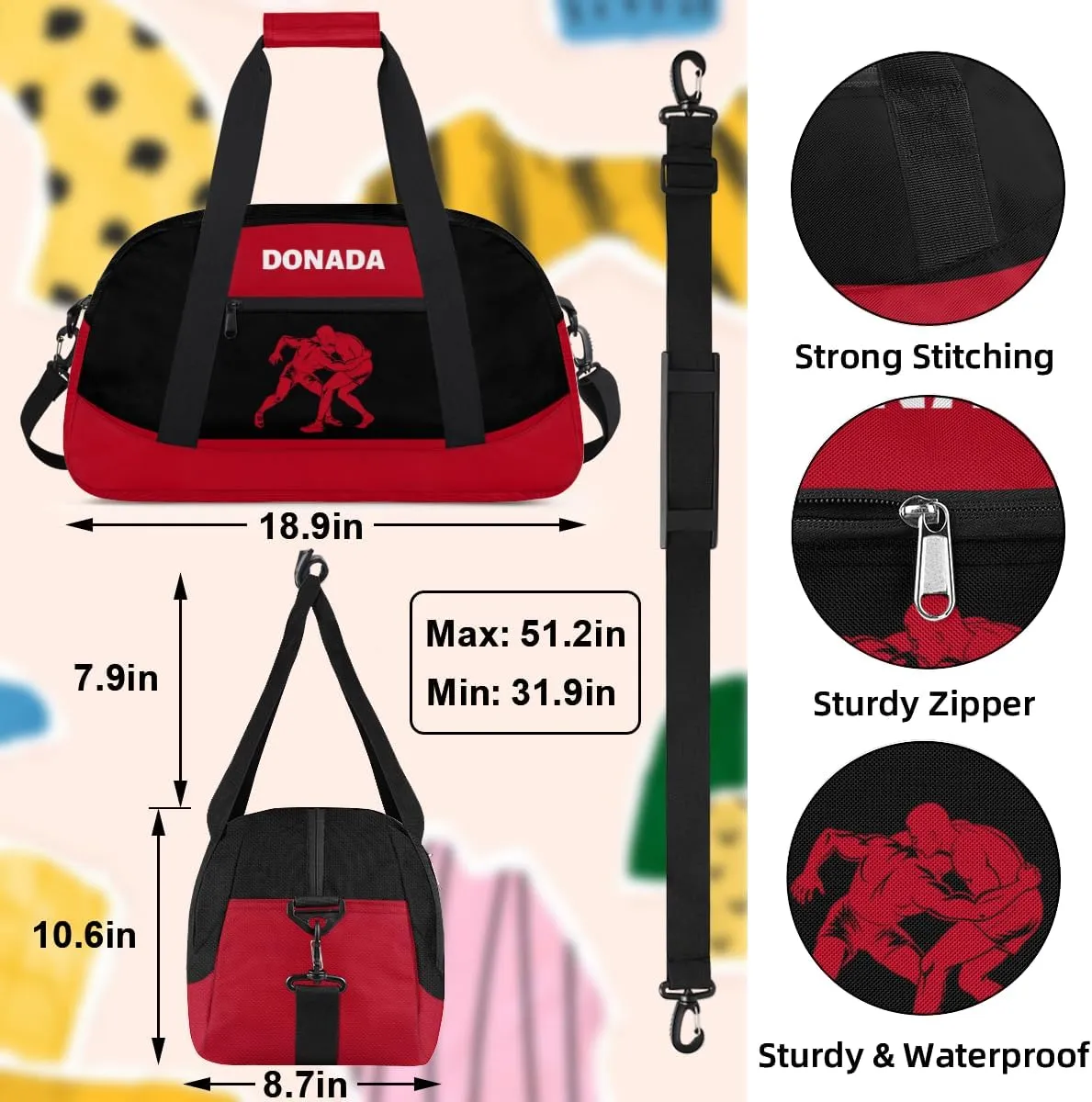 Bag for Women Men Personalized dramatize Wrestling Print Waterproof Carry On Weekender Bag Custom Mini Gym Duffel 