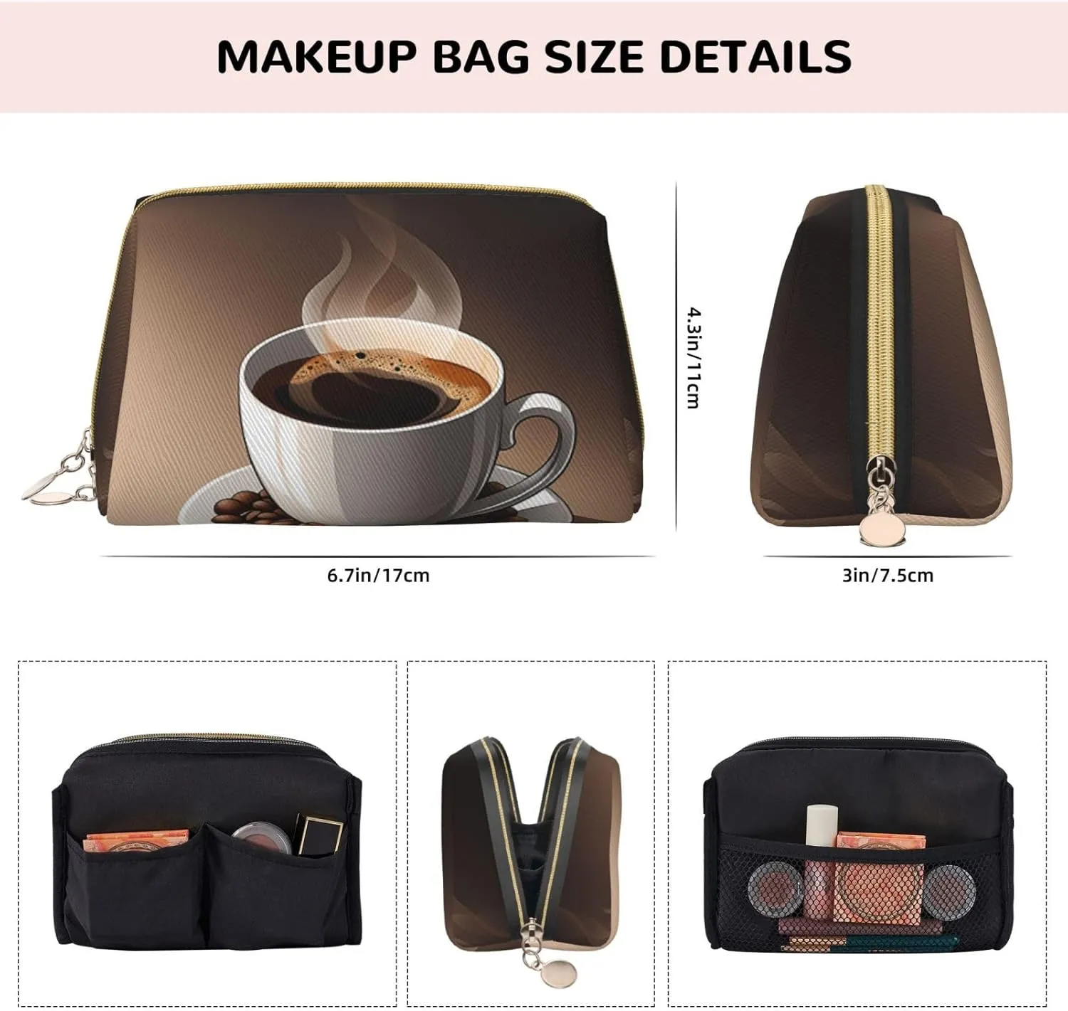 Bag,Travel colorless lys solitude census recent Cosmetic Bag Purse with Zipper,Water-resistant Makeup Organizer Bag for Women Coffee Cup and Coffee Beans Printed Small Makeup 