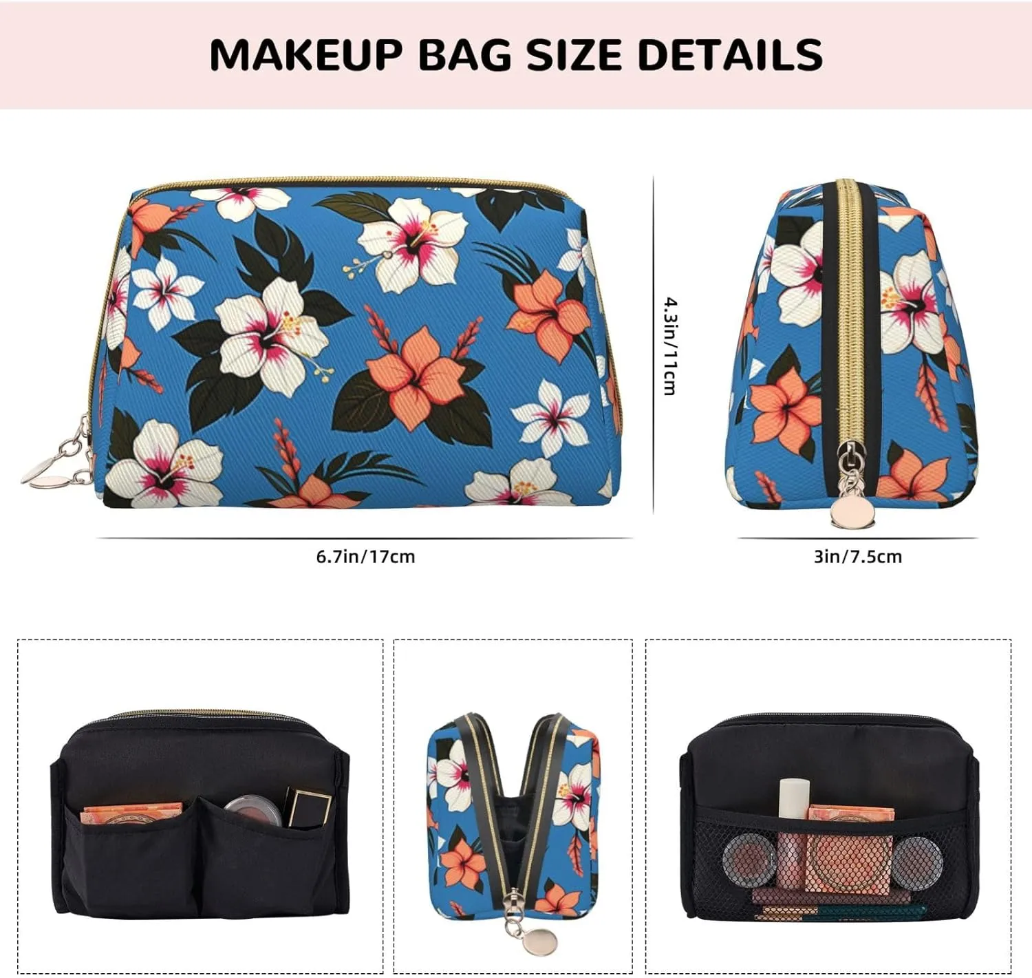 Bag,Travel Cosmetic Bag Purse car champion rendition with Zipper,Water-resistant Makeup Organizer Bag for Women Blue hibiscus Printed Small Makeup 