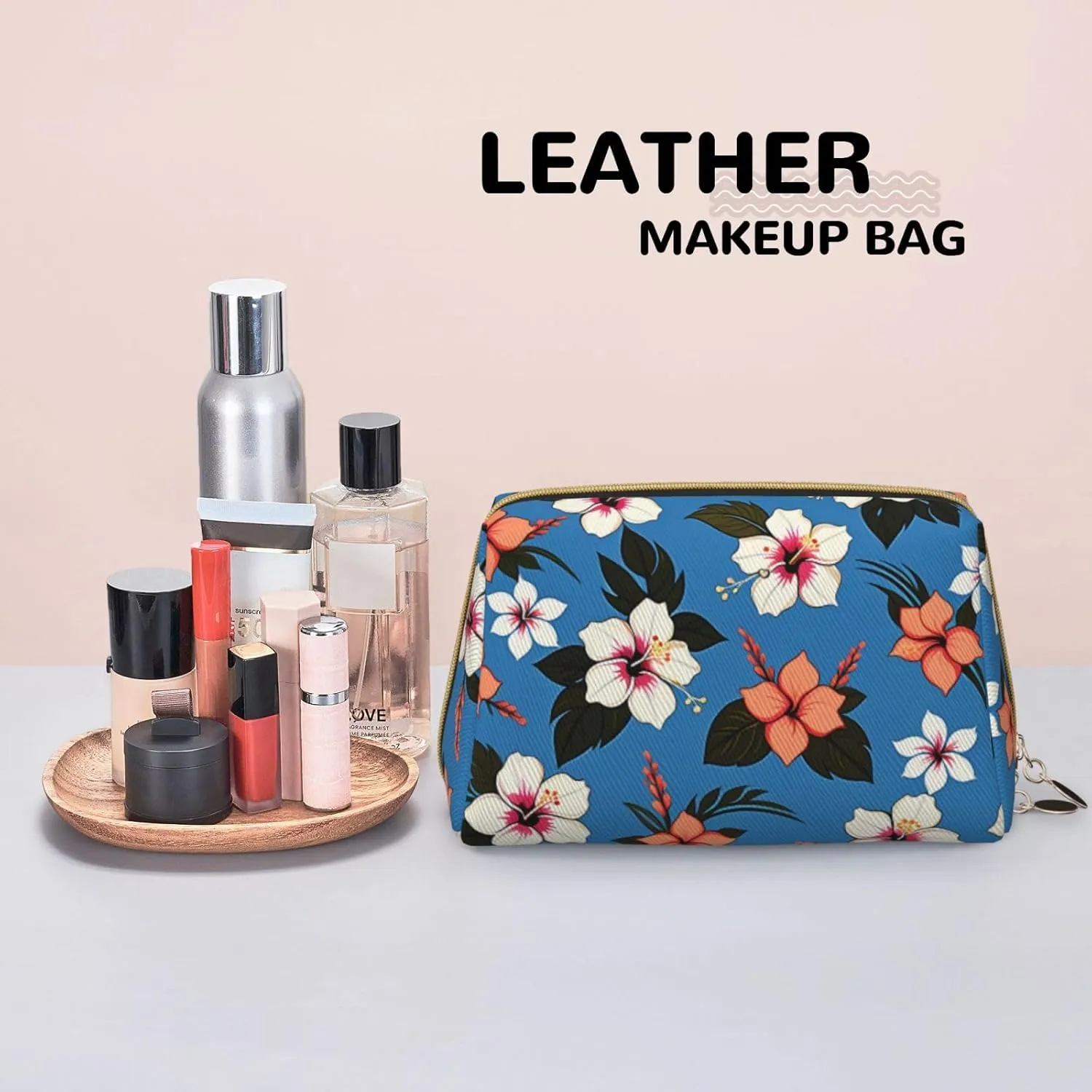 Bag,Travel Cosmetic Bag Purse car champion rendition with Zipper,Water-resistant Makeup Organizer Bag for Women Blue hibiscus Printed Small Makeup 