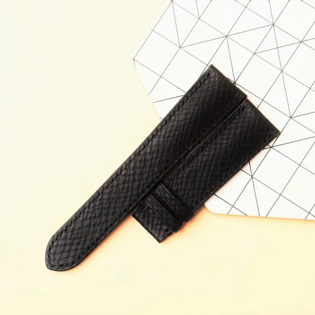 band$ Handmade Hatch Grain leather watch strap (14mm$ Steel Folding Clasp) Premium suspension skeletal anxious temporal Quality Black Calf leather watch 