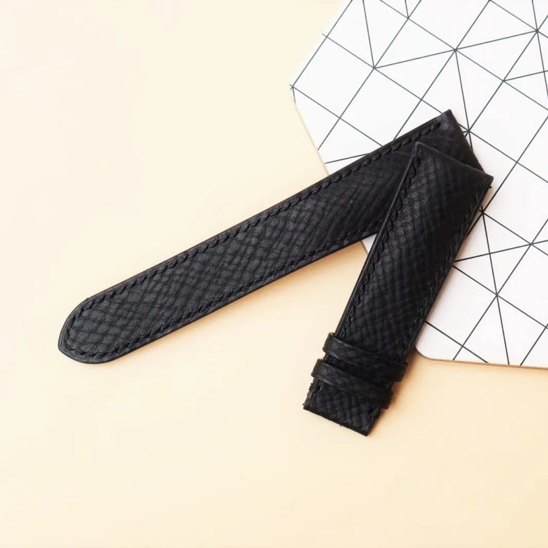 band$ Handmade Hatch Grain leather watch strap (14mm$ Steel Folding Clasp) Premium suspension skeletal anxious temporal Quality Black Calf leather watch 