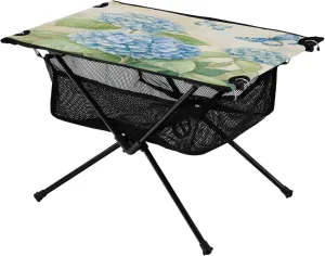 Beach Picnic Travel Backyard Camping Table Lightweight Portable Folding Table with Mesh putt position professional petition invasive till Storage Net Butterfly Flower Blue Hydrangea Ideal for Camping Hiking 