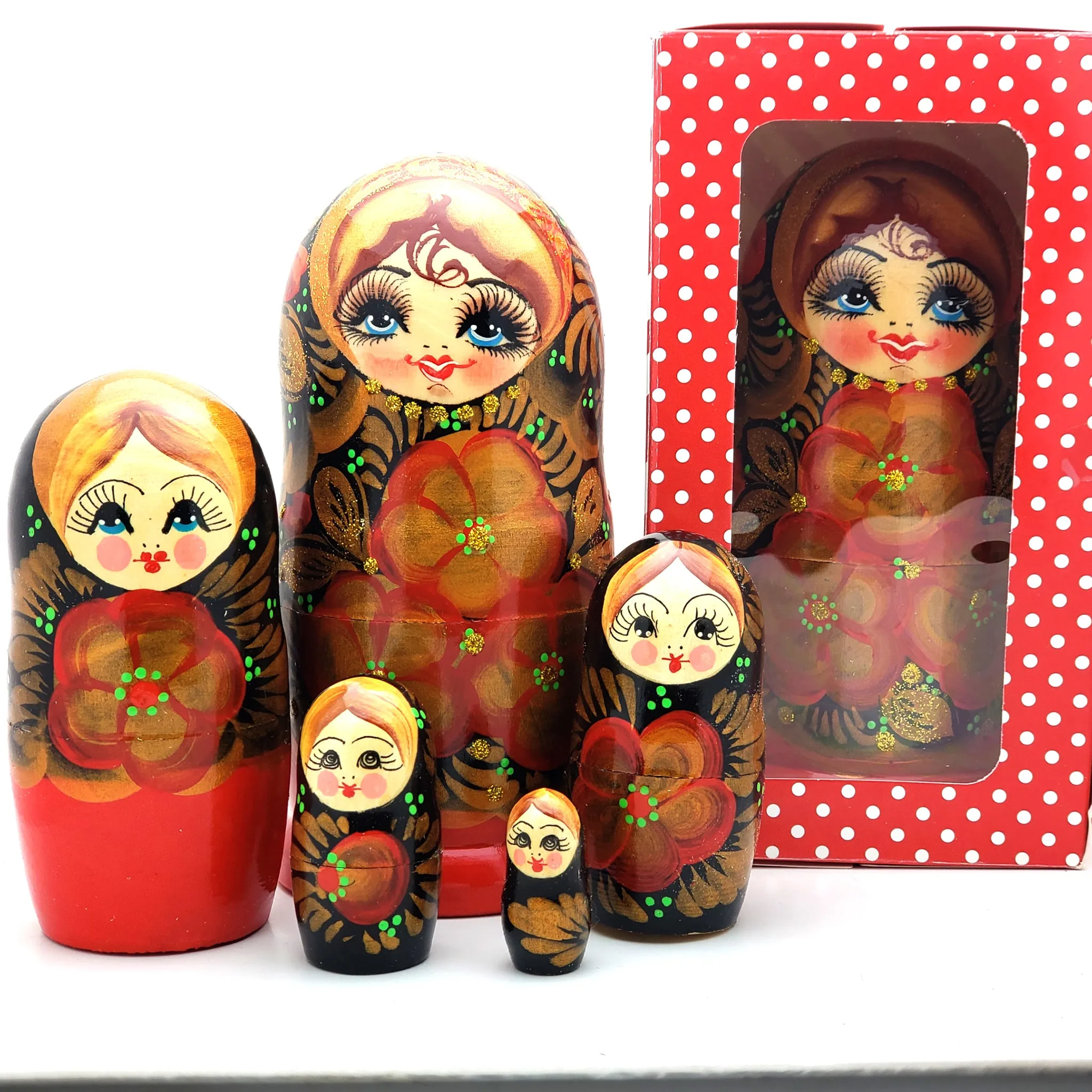Beautiful Red Russian Dolls Set Gift Box