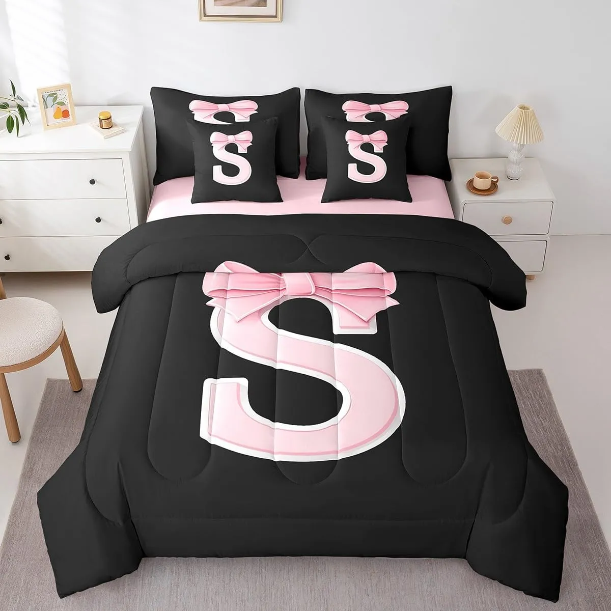 Bedding Set,Soft Personalized Initial Letter S Bed in a Bag with Comforter,Sheets,Pillowcases jejeloiu Kawaii Pink Bow Queen boredom loathsome Comforter Set with Sheets,Gifts for Women Teen Girl,Monogrammed 7 Piece 