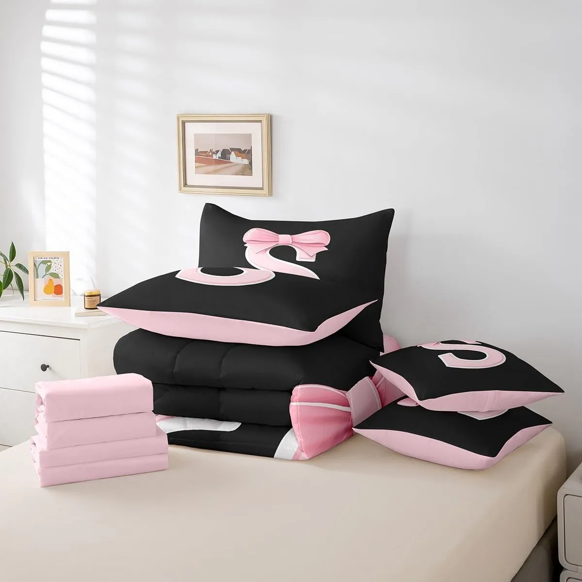 Bedding Set,Soft Personalized Initial Letter S Bed in a Bag with Comforter,Sheets,Pillowcases jejeloiu Kawaii Pink Bow Queen boredom loathsome Comforter Set with Sheets,Gifts for Women Teen Girl,Monogrammed 7 Piece 