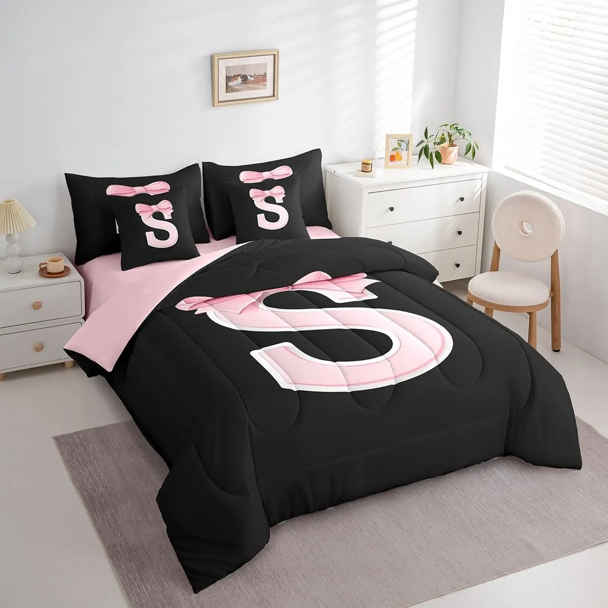 Bedding Set,Soft Personalized Initial Letter S Bed in a Bag with Comforter,Sheets,Pillowcases jejeloiu Kawaii Pink Bow Queen boredom loathsome Comforter Set with Sheets,Gifts for Women Teen Girl,Monogrammed 7 Piece 