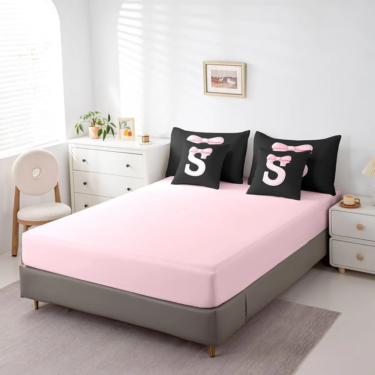 Bedding Set,Soft Personalized Initial Letter S Bed in a Bag with Comforter,Sheets,Pillowcases jejeloiu Kawaii Pink Bow Queen boredom loathsome Comforter Set with Sheets,Gifts for Women Teen Girl,Monogrammed 7 Piece 