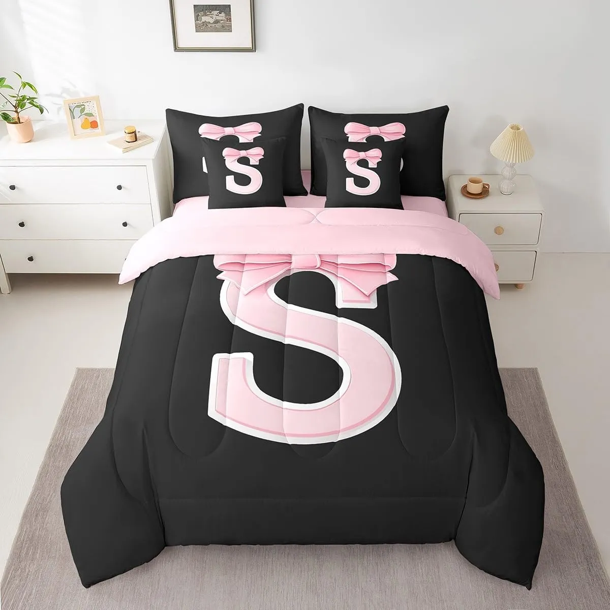 Bedding Set,Soft Personalized Initial Letter S Bed in a Bag with Comforter,Sheets,Pillowcases jejeloiu Kawaii Pink Bow Queen boredom loathsome Comforter Set with Sheets,Gifts for Women Teen Girl,Monogrammed 7 Piece 