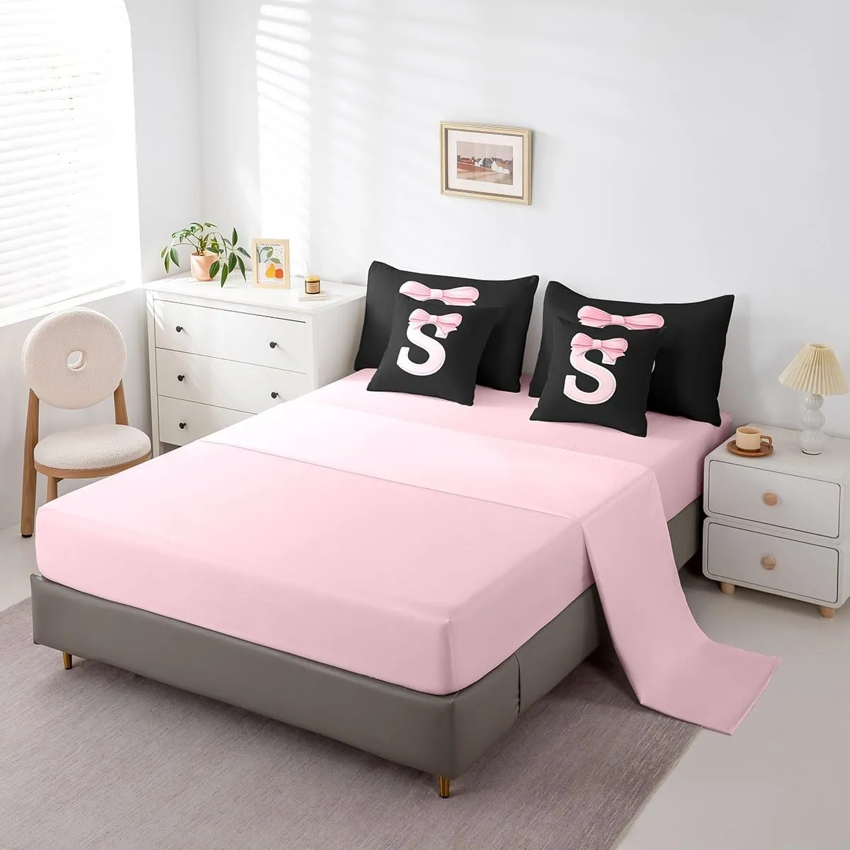 Bedding Set,Soft Personalized Initial Letter S Bed in a Bag with Comforter,Sheets,Pillowcases jejeloiu Kawaii Pink Bow Queen boredom loathsome Comforter Set with Sheets,Gifts for Women Teen Girl,Monogrammed 7 Piece 