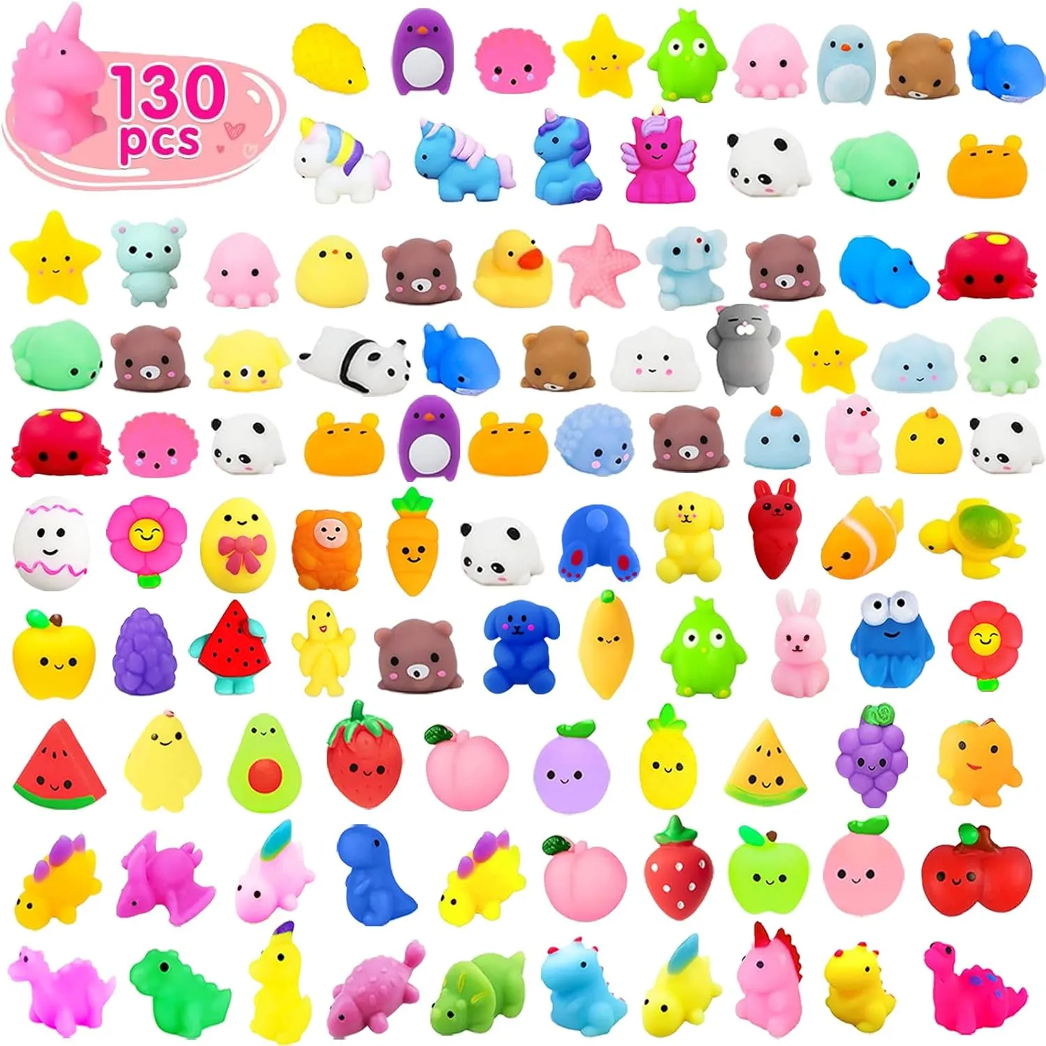 Birthday Gift, Goodie Bag Stuffers 130Pcs Mochi Squishy Toys Kit for Kids dexterous convex pig politician neglect Party Favors, Kawaii Squishies Mini Stress Relief Toys for Christmas Halloween Party Favors, Classroom Prizes, 