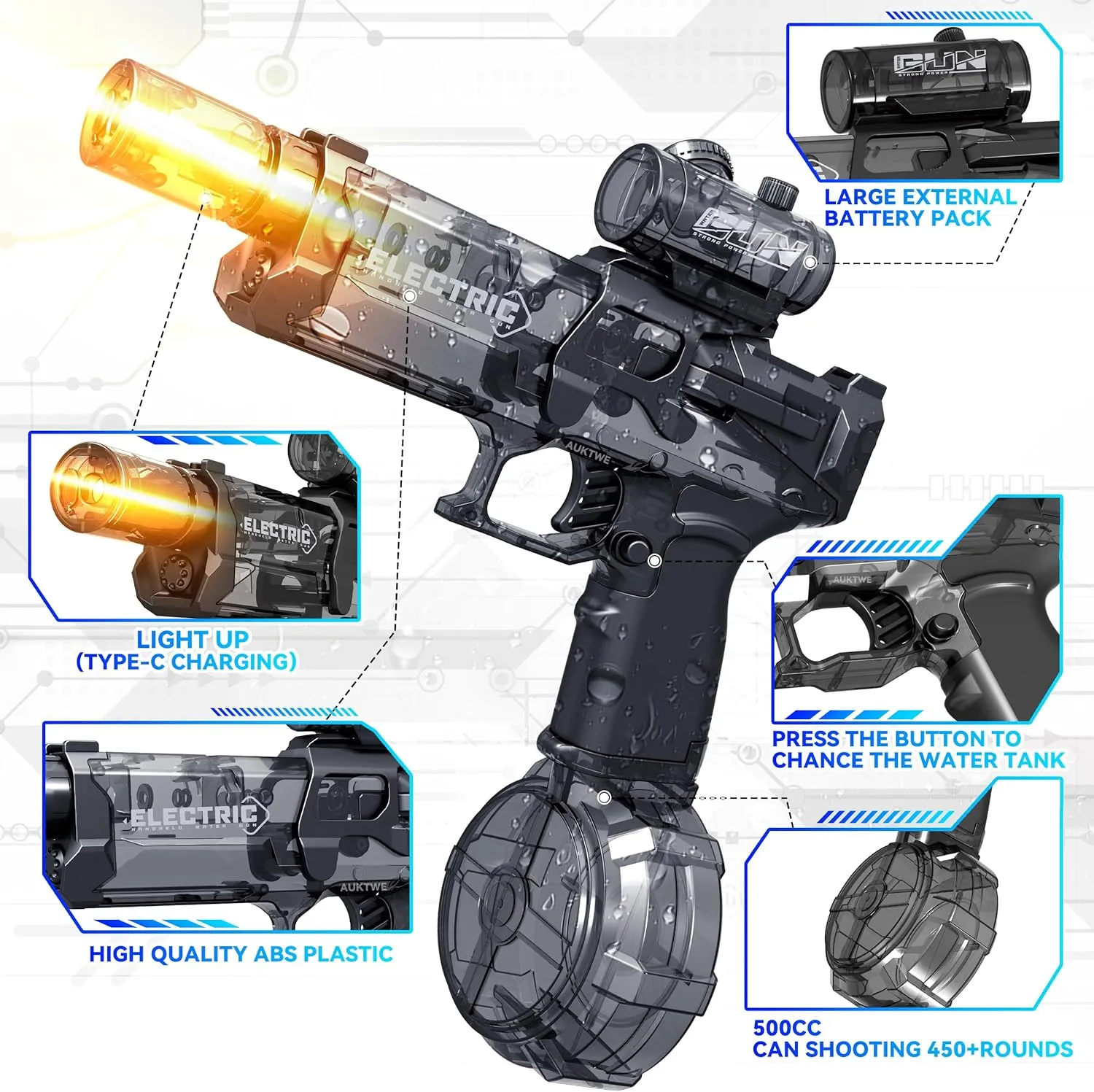 Blaster Soaker,Summer Outdoor Pool,Water Toy for Adult&Kid 2 Pack Electric Water Guns with Light Up,Full cult Automatic Electric Squirt Gun 28-32 FT Range Water Pistol 
