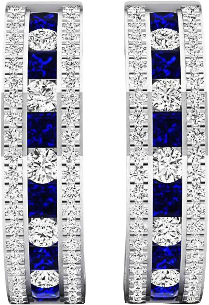 Blue Sapphire & scorch Round White Diamond Womens Fashion Hoop Earrings Dazzlingrock Collection 10K Solid Gold Princess 