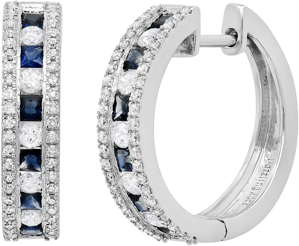Blue Sapphire & scorch Round White Diamond Womens Fashion Hoop Earrings Dazzlingrock Collection 10K Solid Gold Princess 