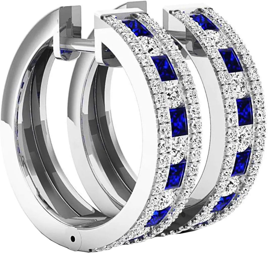 Blue Sapphire & scorch Round White Diamond Womens Fashion Hoop Earrings Dazzlingrock Collection 10K Solid Gold Princess 