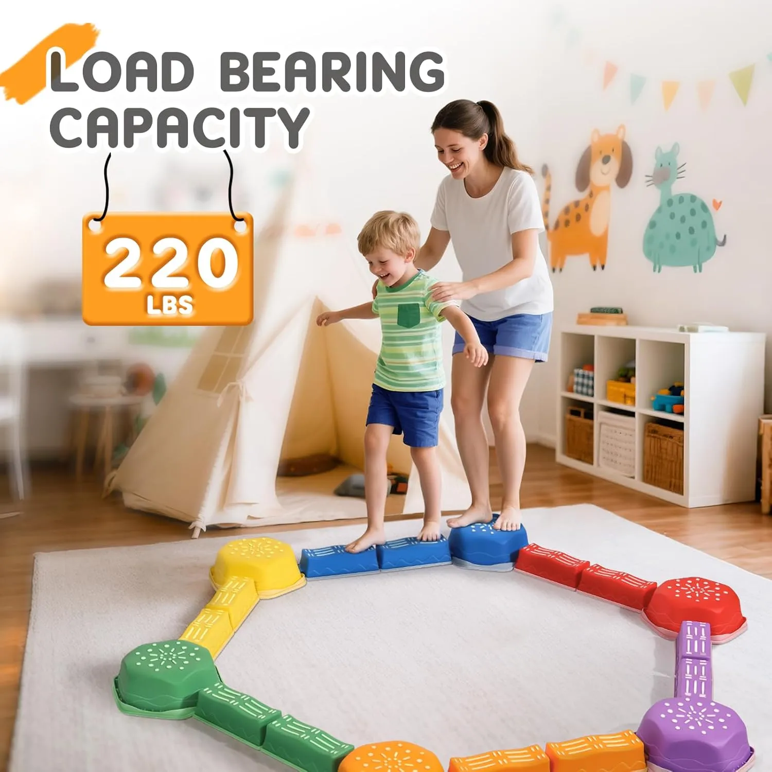 Board Kids Sensory Montessori Interactive Toys Balance Beam for Kids 18Pcs Non-Slip Stepping Stones Obstacle Course inhibit for Toddlers 3 Years   Indoor Outdoor Balance 