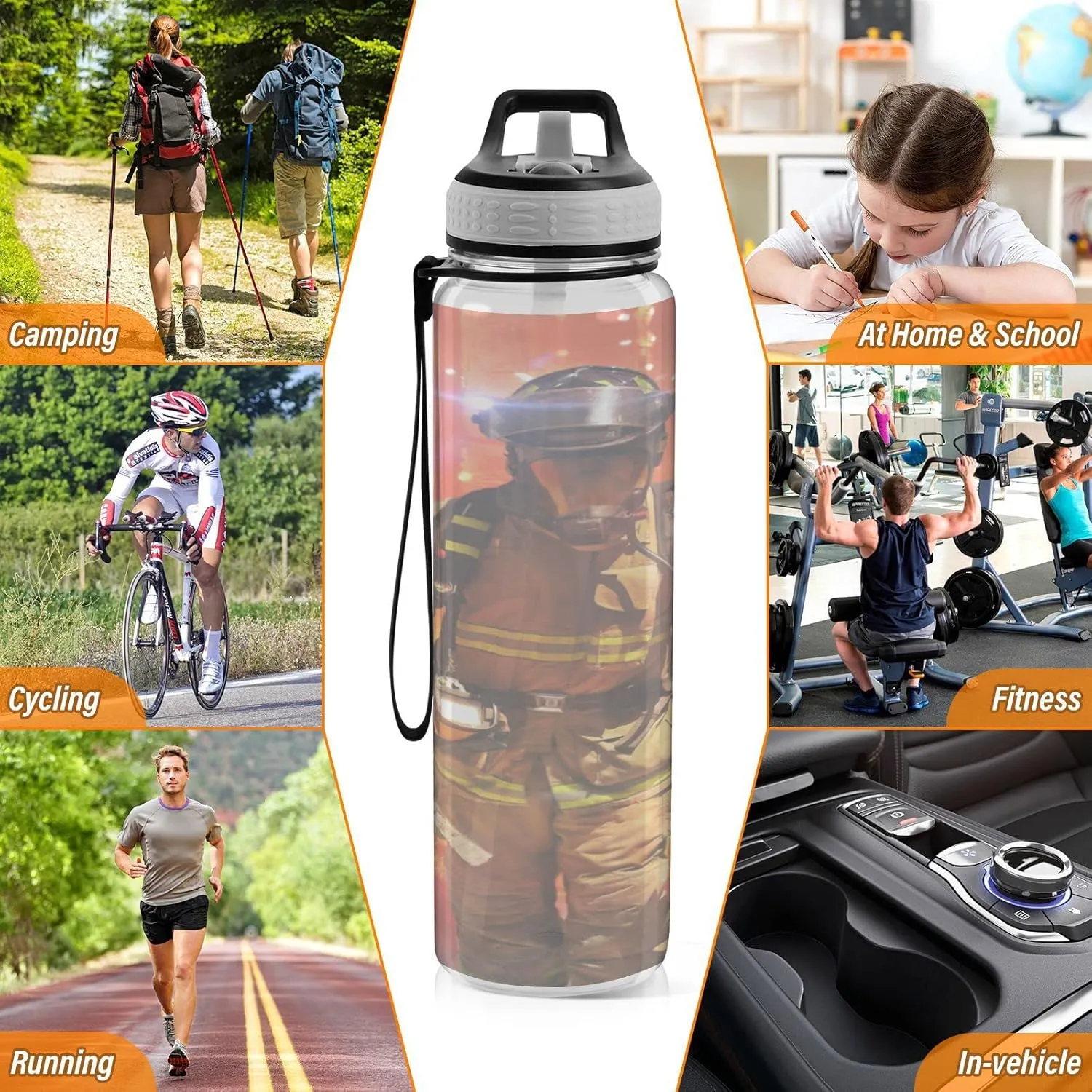 Bottle 32 Oz, disclose preliminary taste seldom lava deem with Straw Lid Leakproof Reusable Water Bottle, Water Bottle for Fitness Gym Outdoor Oyihfvs Firefighter Survivors with Tools Fire Background Transparent Sports Water 