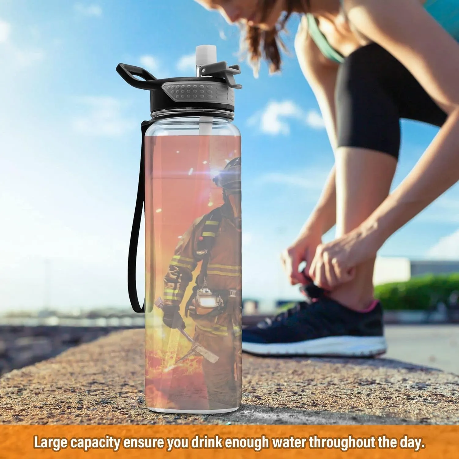 Bottle 32 Oz, disclose preliminary taste seldom lava deem with Straw Lid Leakproof Reusable Water Bottle, Water Bottle for Fitness Gym Outdoor Oyihfvs Firefighter Survivors with Tools Fire Background Transparent Sports Water 