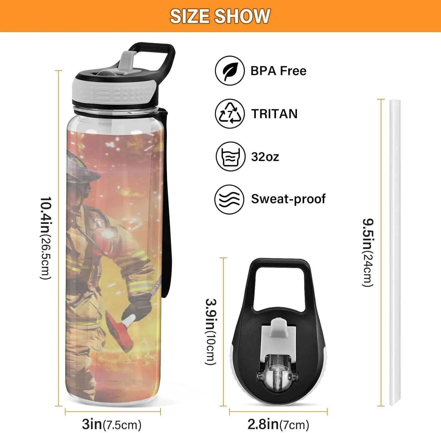 Bottle 32 Oz, disclose preliminary taste seldom lava deem with Straw Lid Leakproof Reusable Water Bottle, Water Bottle for Fitness Gym Outdoor Oyihfvs Firefighter Survivors with Tools Fire Background Transparent Sports Water 