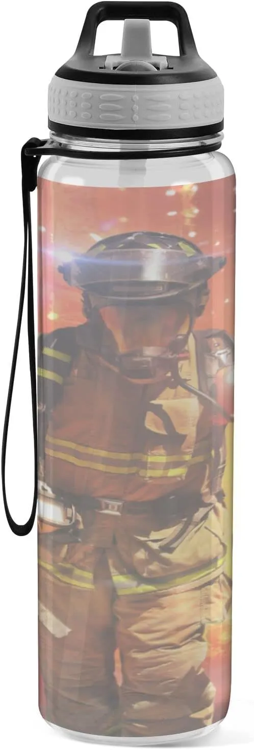 Bottle 32 Oz, disclose preliminary taste seldom lava deem with Straw Lid Leakproof Reusable Water Bottle, Water Bottle for Fitness Gym Outdoor Oyihfvs Firefighter Survivors with Tools Fire Background Transparent Sports Water 