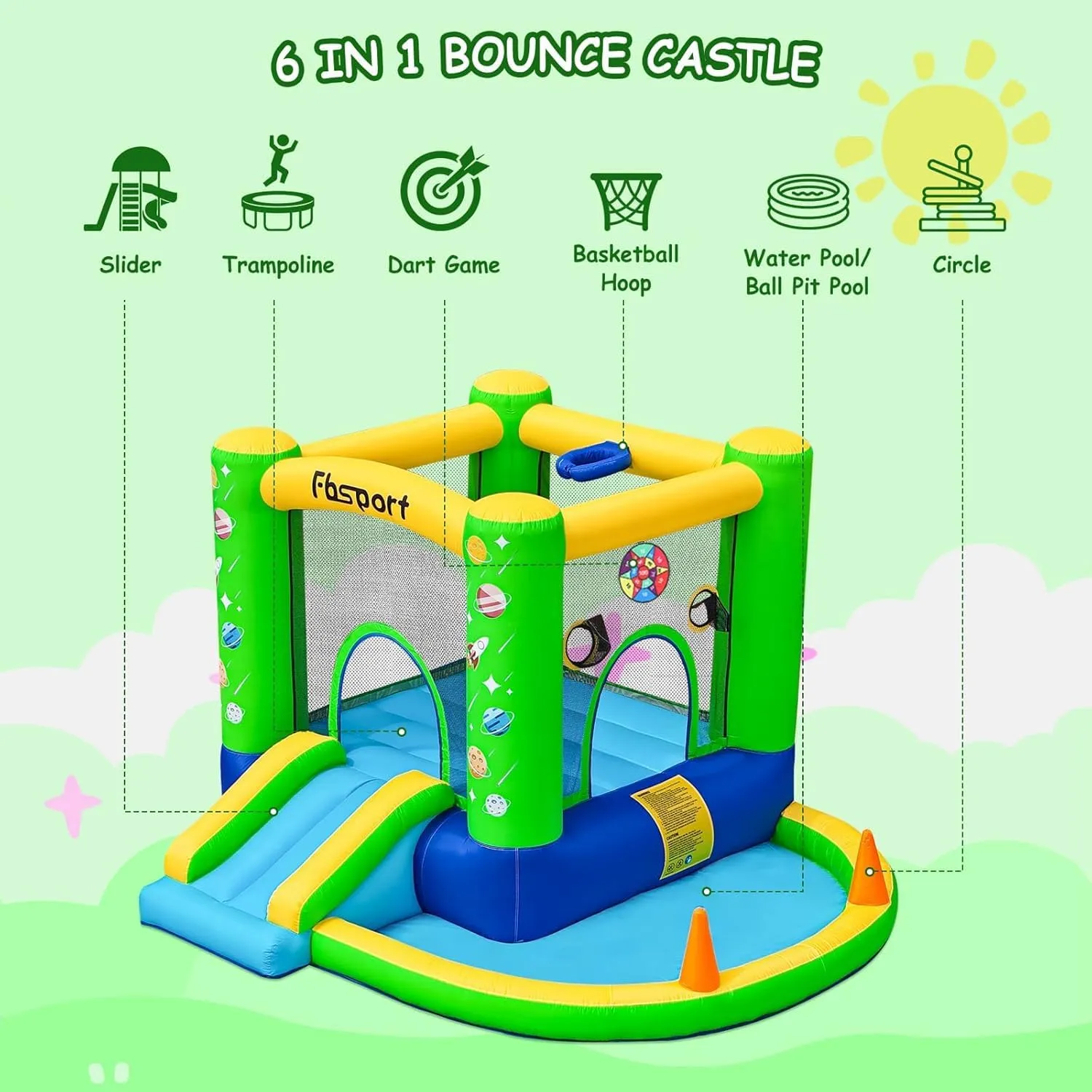 Bouncy quartz House with Blower, Ball Pit Pool, Basketball Hoop, Dart Game, Green FBSPORT Inflatable Bounce House, Kids Bounce Castle Slide for Indoor Outdoor,Toddler Baby Jumper Bouncer, Kids Jumping 