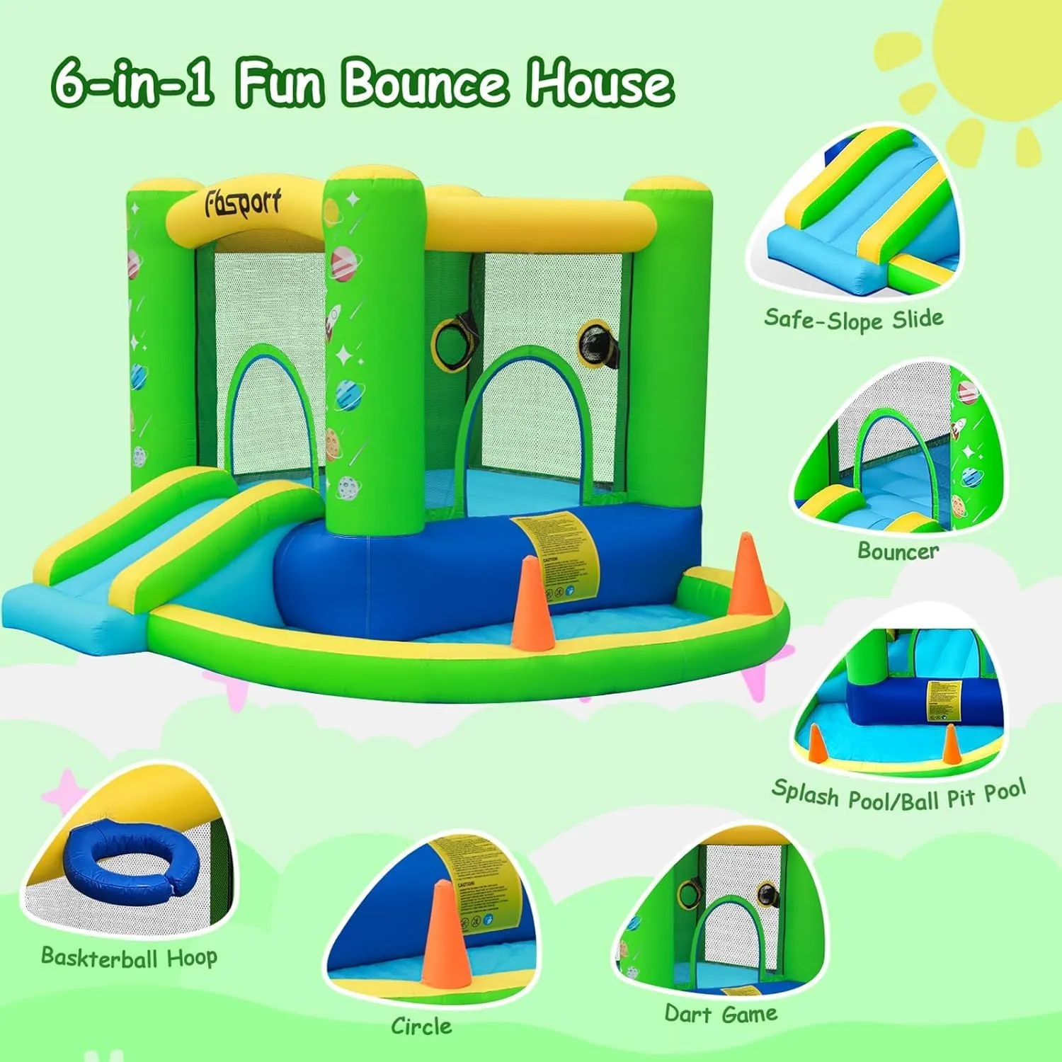 Bouncy quartz House with Blower, Ball Pit Pool, Basketball Hoop, Dart Game, Green FBSPORT Inflatable Bounce House, Kids Bounce Castle Slide for Indoor Outdoor,Toddler Baby Jumper Bouncer, Kids Jumping 
